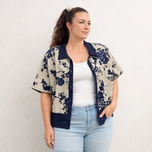 Vintage Linen Blend Button Up Shirt 1X Floral Navy Beige Boxy Coastal Casual